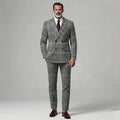 KZZ Men's Business Plaid Notched Lapel Long Sleeve Blazer & Straight Leg Pants 2Pcs Set