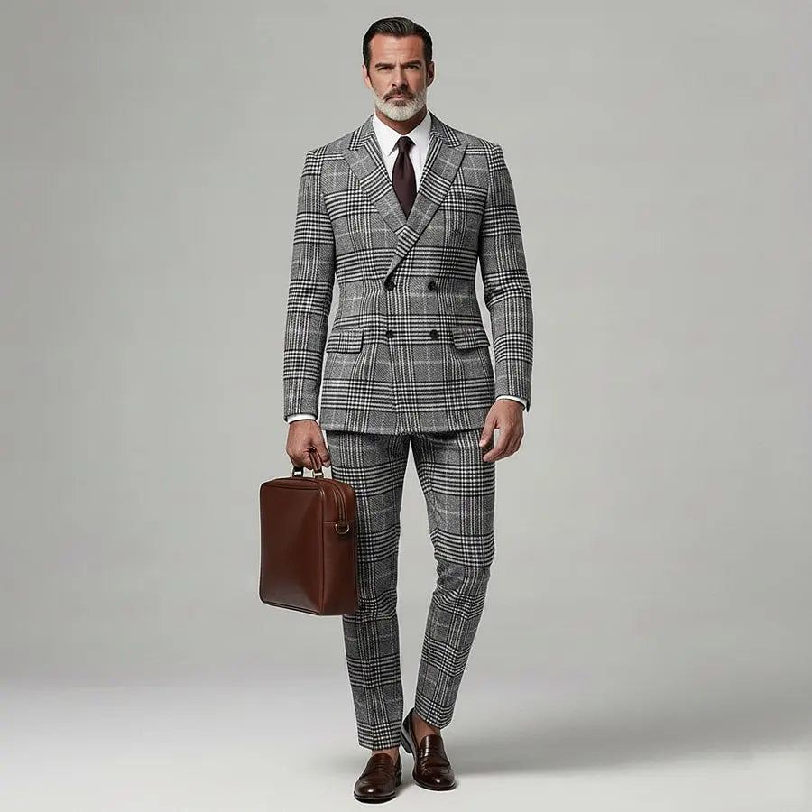 KZZ Men's Business Plaid Notched Lapel Long Sleeve Blazer & Straight Leg Pants 2Pcs Set