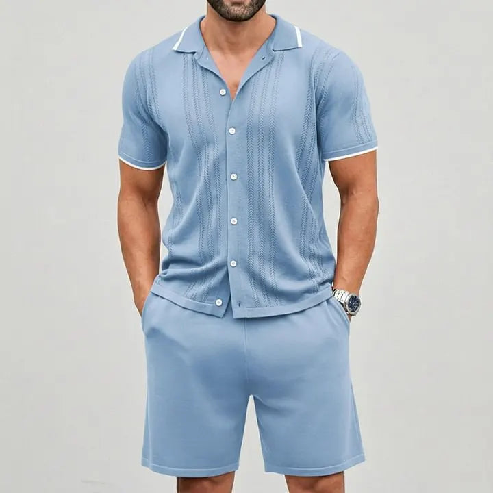 KZZ Men's Casual Breathable Contrast Trim Short Sleeve Shirts & Shorts  Set
