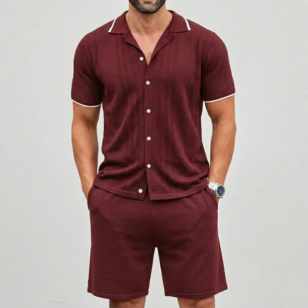 KZZ Men's Casual Breathable Contrast Trim Short Sleeve Shirts & Shorts  Set