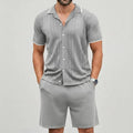 KZZ Men's Casual Breathable Contrast Trim Short Sleeve Shirts & Shorts  Set
