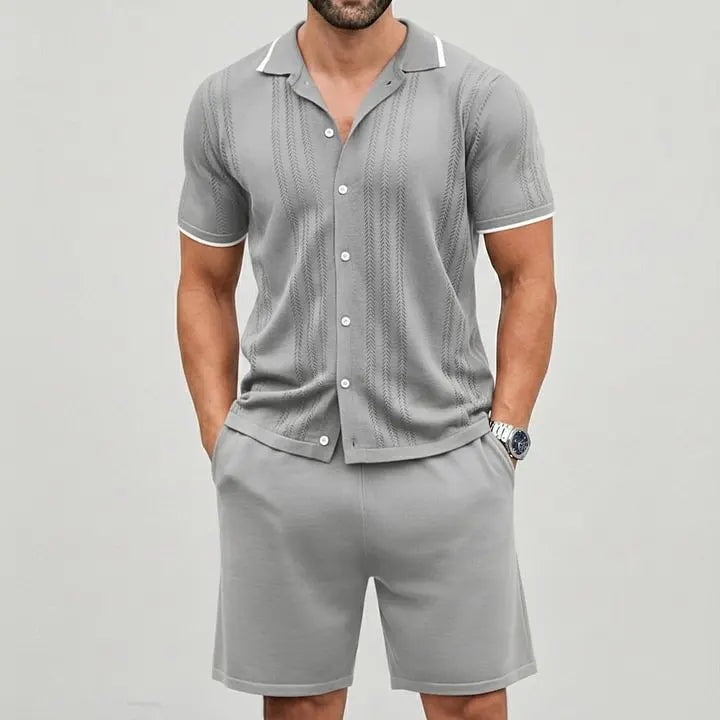 KZZ Men's Casual Breathable Contrast Trim Short Sleeve Shirts & Shorts  Set