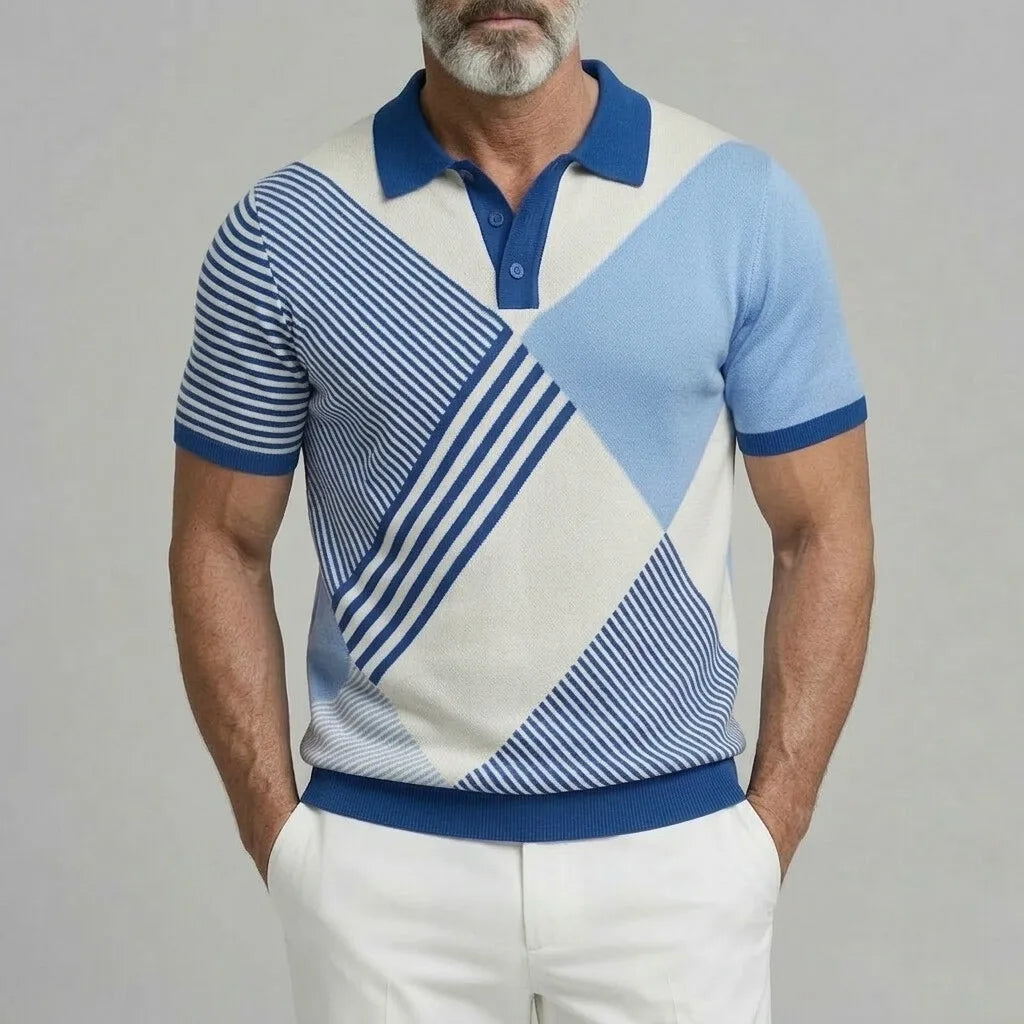 KZZ Men's Casual Colorblock Striped Pattern Turndown Collar Polo Shirt