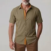KZZ Men's Casual Contrast Placket Single Breasted Short Sleeve Shirt