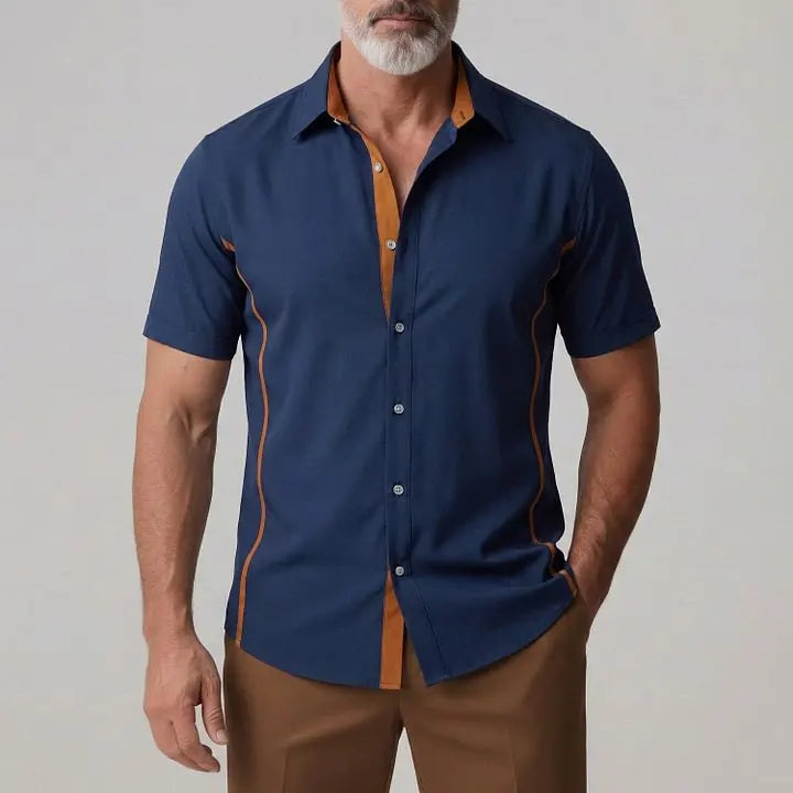 KZZ Men's Casual Contrast Placket Single Breasted Short Sleeve Shirt