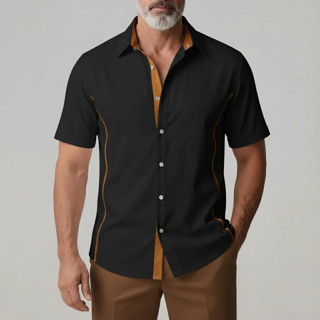 KZZ Men's Casual Contrast Placket Single Breasted Short Sleeve Shirt