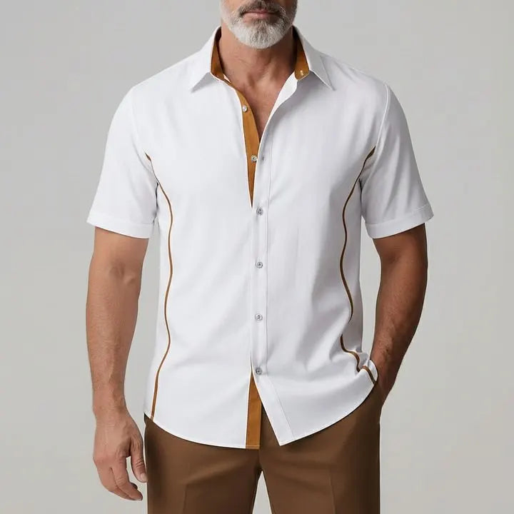 KZZ Men's Casual Contrast Placket Single Breasted Short Sleeve Shirt