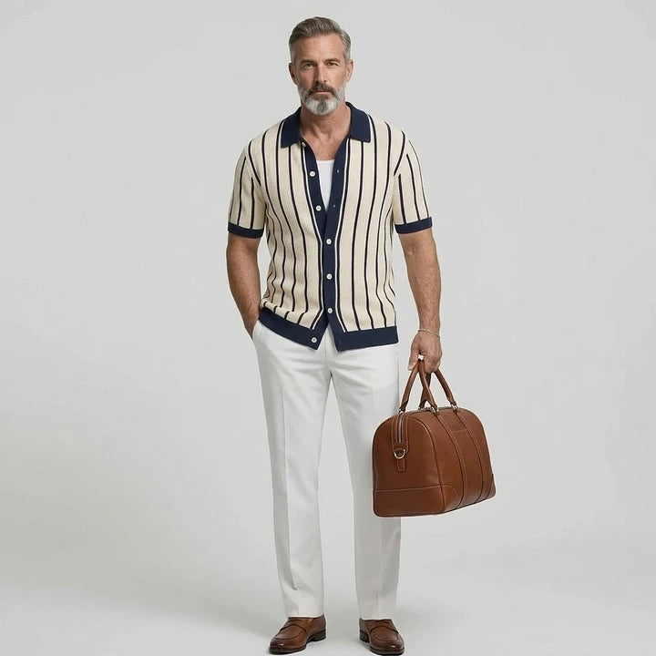 KZZ Men's Contrast Trim Striped Cable Knit Single Breasted Short Sleeve Shirt