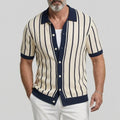 KZZ Men's Contrast Trim Striped Cable Knit Single Breasted Short Sleeve Shirt