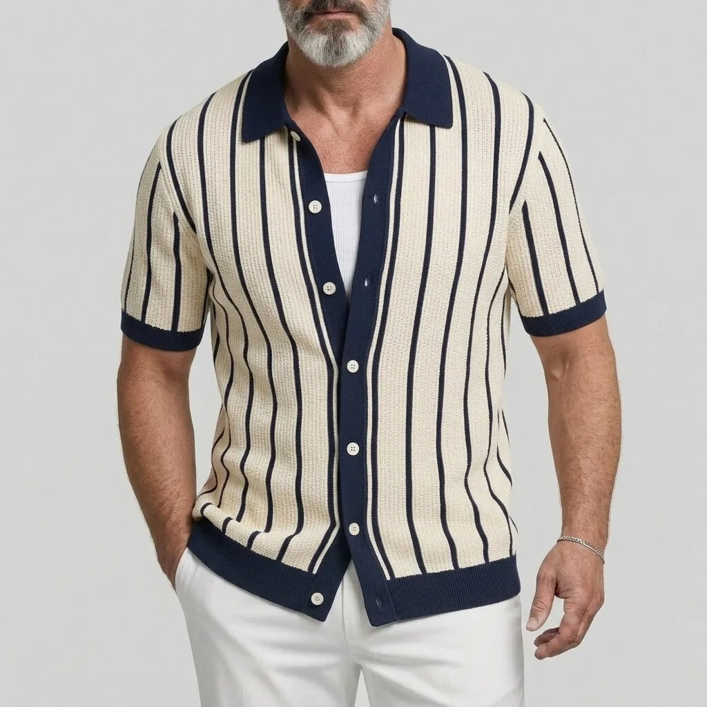 KZZ Men's Contrast Trim Striped Cable Knit Single Breasted Short Sleeve Shirt