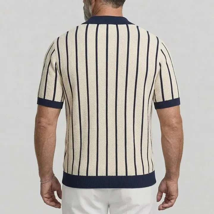 KZZ Men's Contrast Trim Striped Cable Knit Single Breasted Short Sleeve Shirt