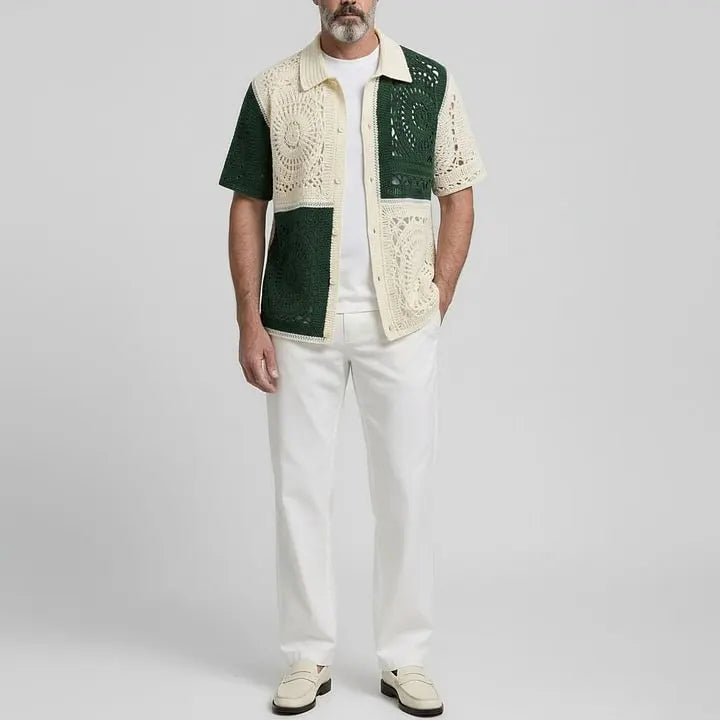 KZZ Men's Fashion Colorblock Crochet Knit Hollow Out Short Sleeve Cardigan