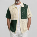 KZZ Men's Fashion Colorblock Crochet Knit Hollow Out Short Sleeve Cardigan