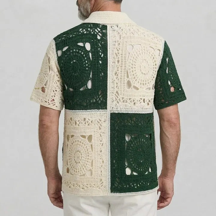 KZZ Men's Fashion Colorblock Crochet Knit Hollow Out Short Sleeve Cardigan