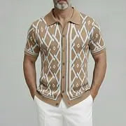 KZZ Men's Retro Short Sleeve Turndown Collar Single Breasted Geometric Knit Shirt