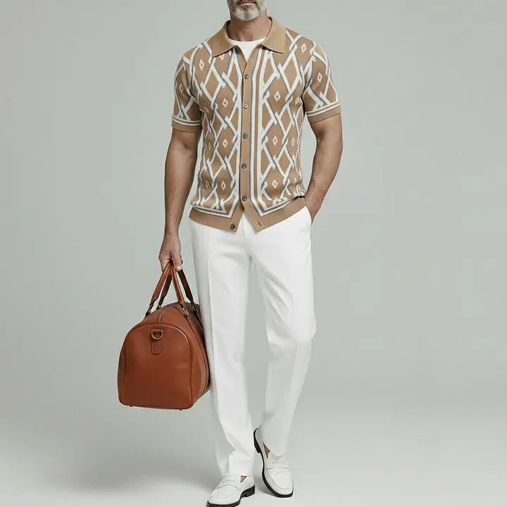 KZZ Men's Retro Short Sleeve Turndown Collar Single Breasted Geometric Knit Shirt
