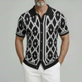 KZZ Men's Retro Short Sleeve Turndown Collar Single Breasted Geometric Knit Shirt