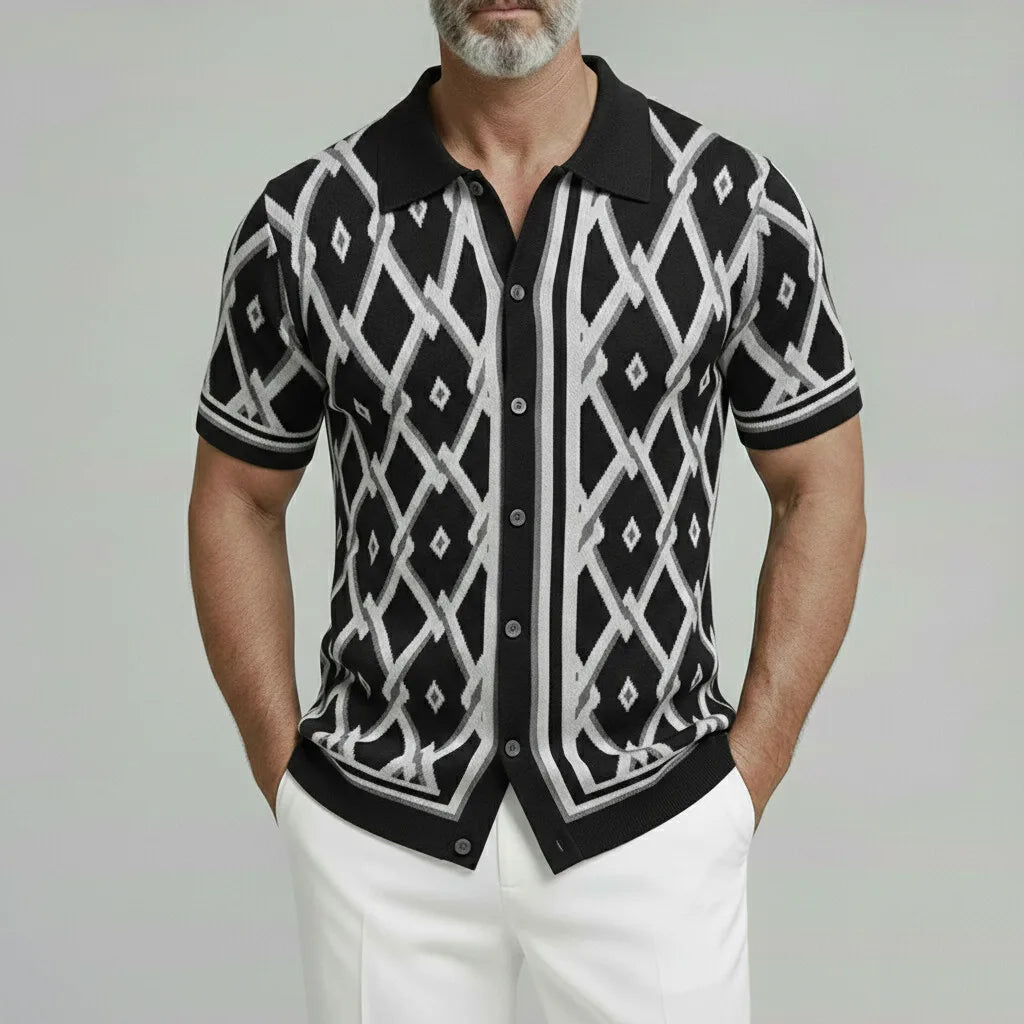 KZZ Men's Retro Short Sleeve Turndown Collar Single Breasted Geometric Knit Shirt