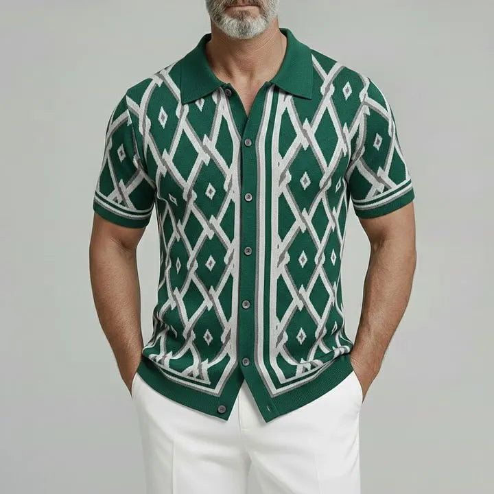 KZZ Men's Retro Short Sleeve Turndown Collar Single Breasted Geometric Knit Shirt