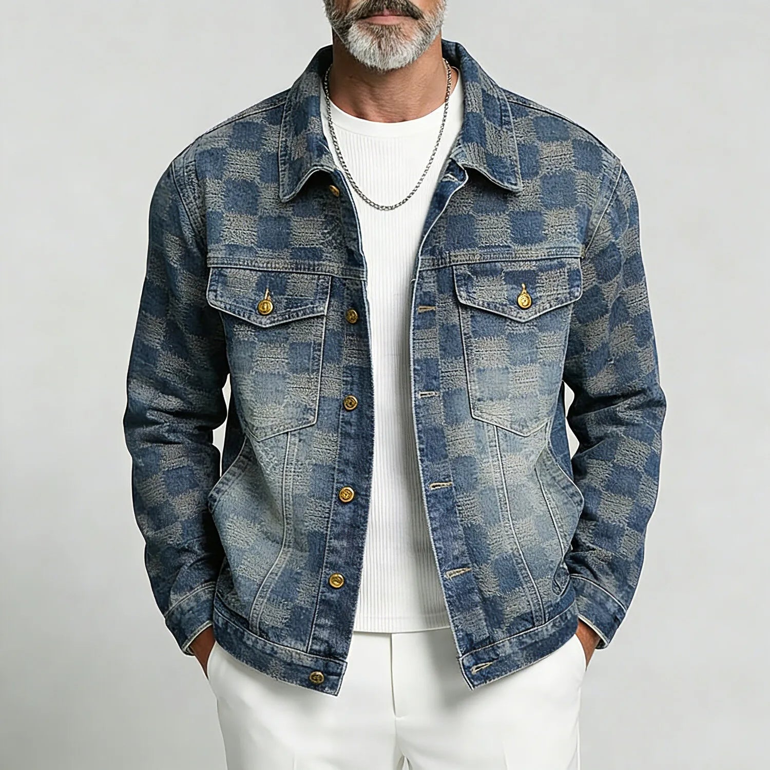 KZZ Men's Retro Washed Checkered Denim Single Breasted Long Sleeve Jacket