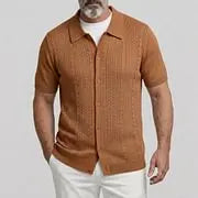 KZZ Men's Solid Color Cable Knit Herringbone Short Sleeve Casual Shirt