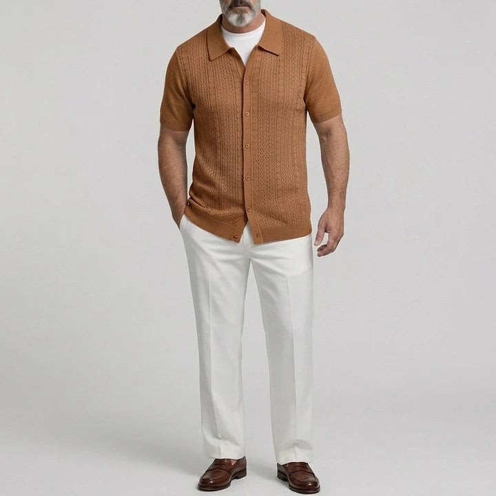 KZZ Men's Solid Color Cable Knit Herringbone Short Sleeve Casual Shirt