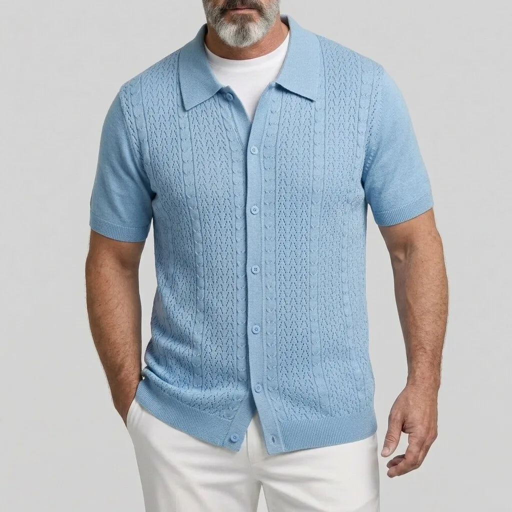KZZ Men's Solid Color Cable Knit Herringbone Short Sleeve Casual Shirt