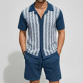 KZZ Men's Vacation Color Block Short Sleeve Jacquard Knit Shirt & Shorts 2Pcs Set