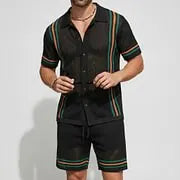 KZZ Men's Vacation Contrast Striped Short Sleeve Mesh Knit Shirt & Drawstring Shorts Set