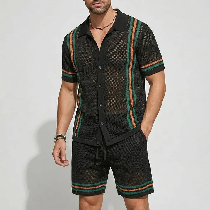 KZZ Men's Vacation Contrast Striped Short Sleeve Mesh Knit Shirt & Drawstring Shorts Set