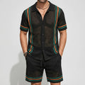 KZZ Men's Vacation Contrast Striped Short Sleeve Mesh Knit Shirt & Drawstring Shorts Set