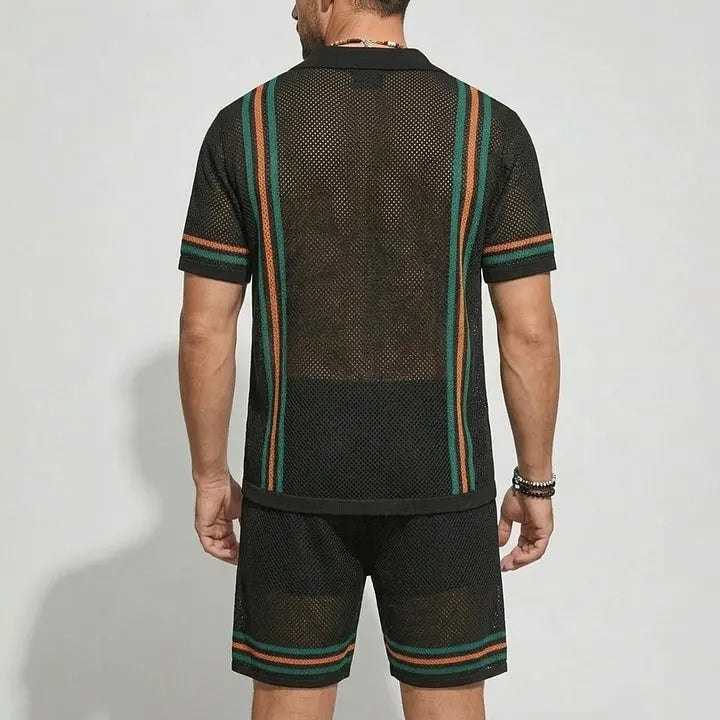 KZZ Men's Vacation Contrast Striped Short Sleeve Mesh Knit Shirt & Drawstring Shorts Set