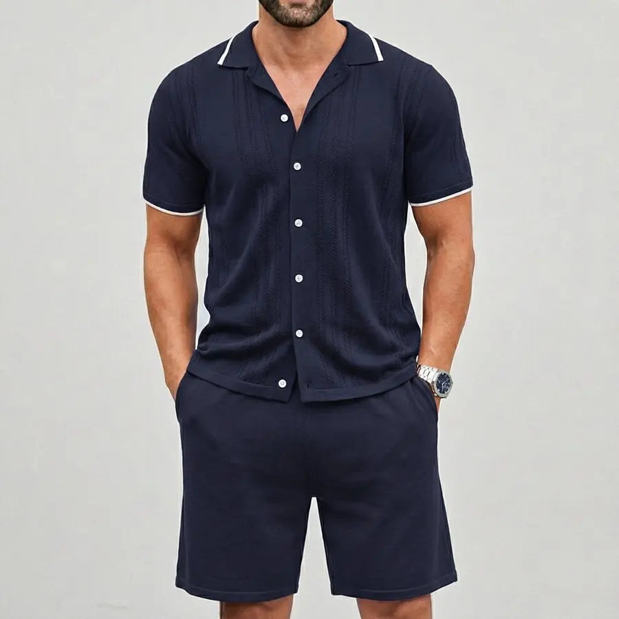 KZZ Men's Casual Breathable Contrast Trim Short Sleeve Shirts & Shorts  Set