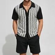KZZ Men's Vacation Color Block Short Sleeve Jacquard Knit Shirt & Shorts 2Pcs Set