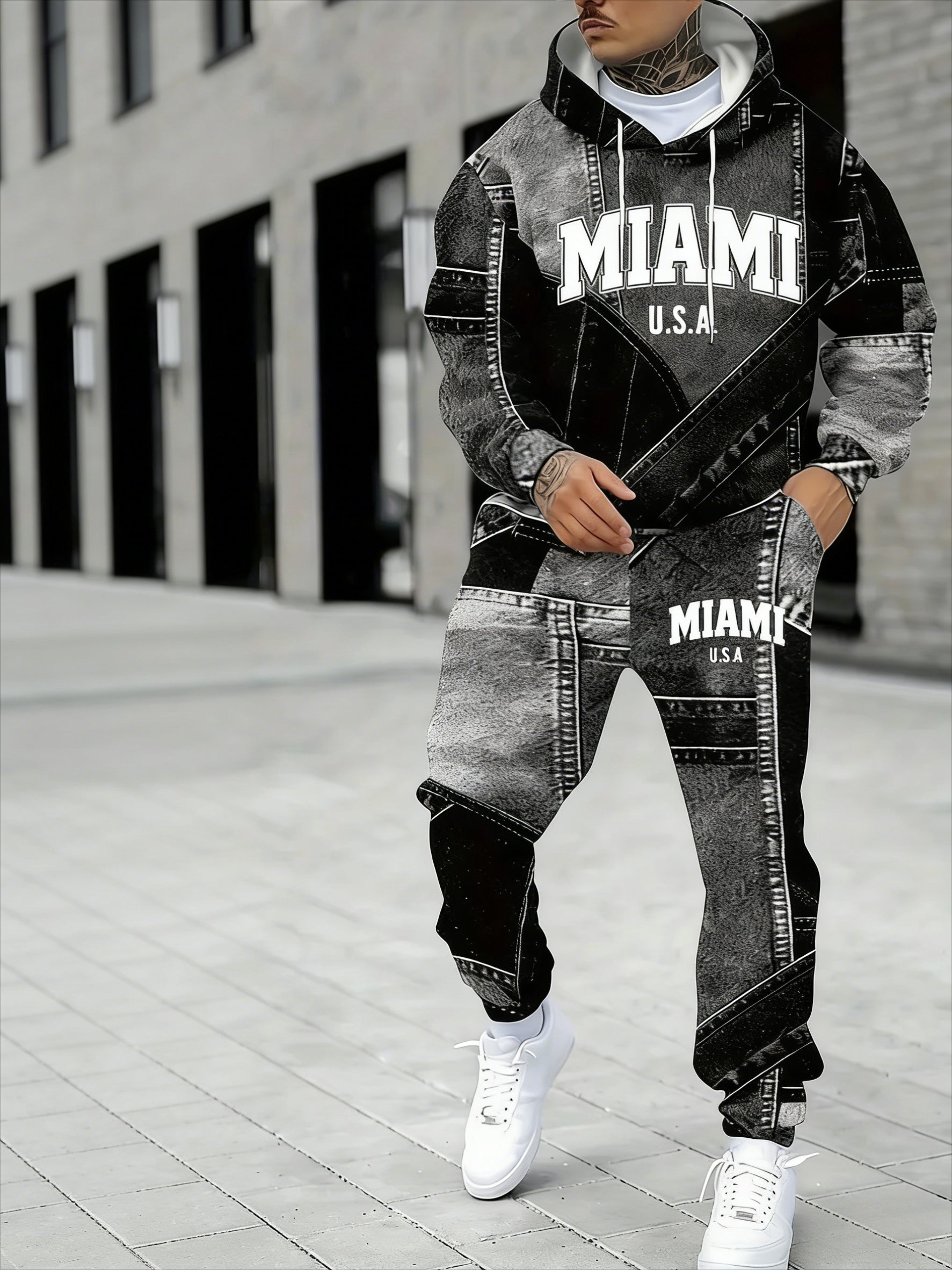 KZZ Men's Fall Winter Hooded Sweatshirt & Pants Set