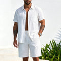 KZZ Men's Summer Striped Linen Shirt and Straight-Leg Shorts Set