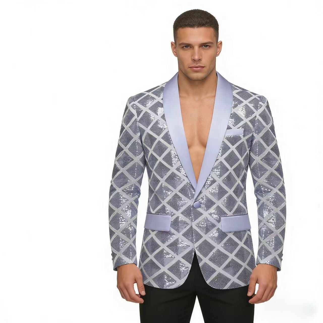 KZZ Men's Solid-Color Slim-Fit Sequin Blazer