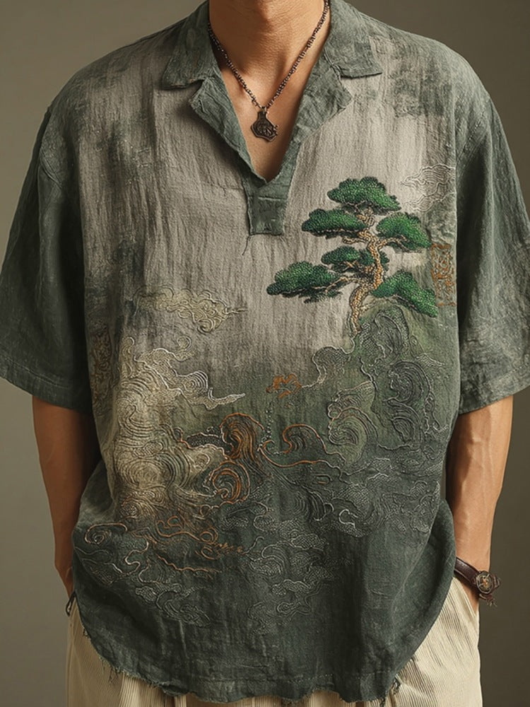 KZZ Short-Sleeve Polo Shirt with Landscape Pattern