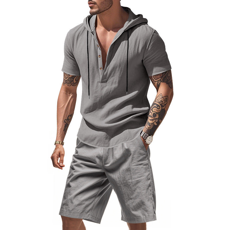 KZZ Men's Linen Hooded Two-Piece Set
