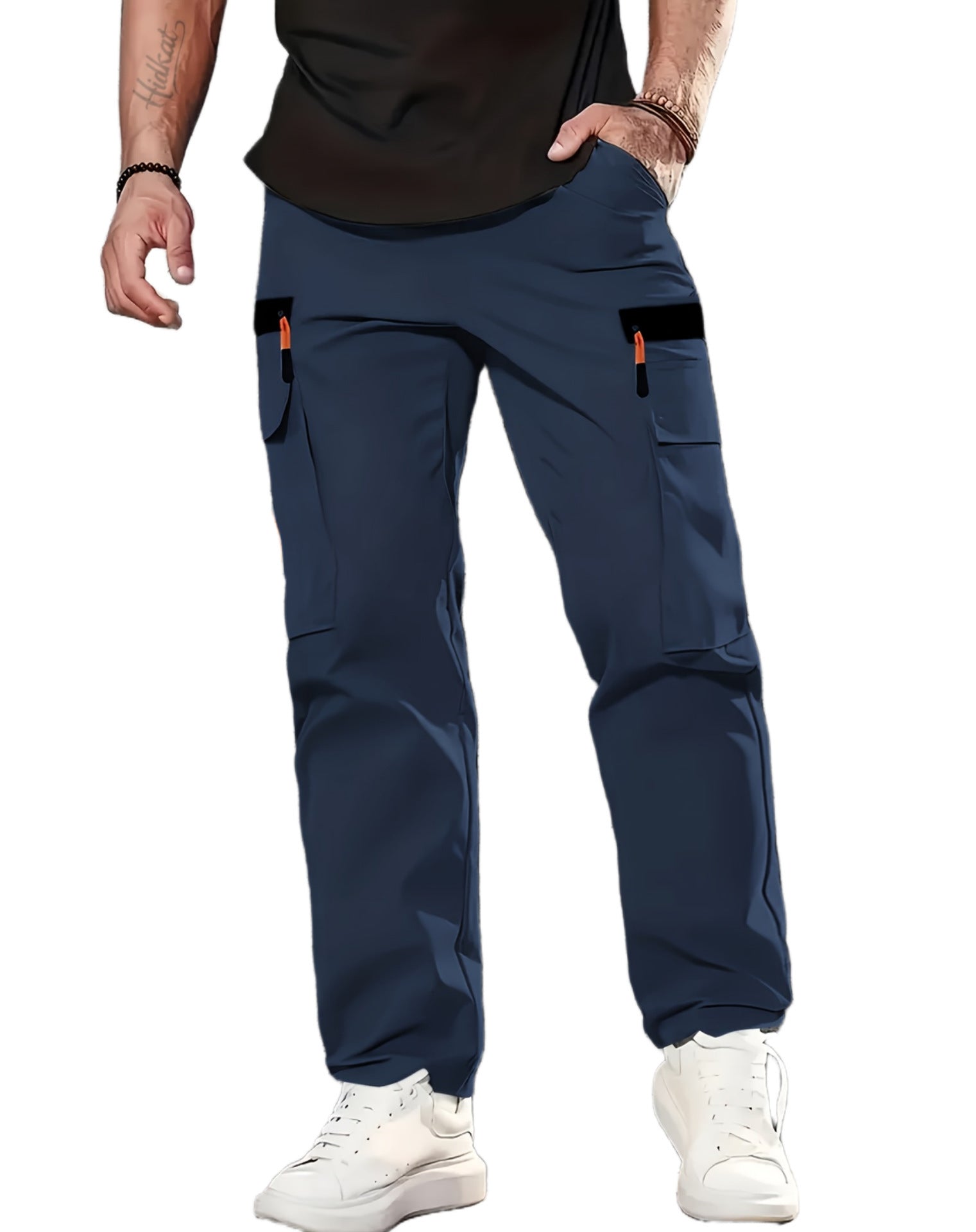 KZZ Men's Solid-Color Cargo Pants with Flap Pockets