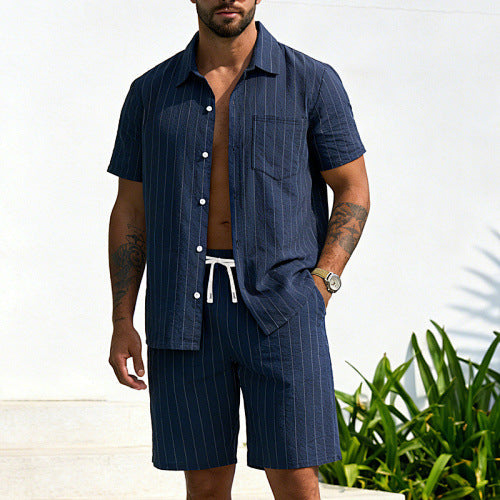 KZZ Men's Summer Striped Linen Shirt and Straight-Leg Shorts Set