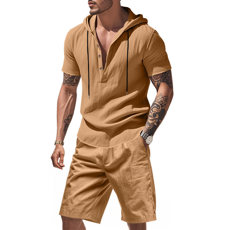 KZZ Men's Linen Hooded Two-Piece Set