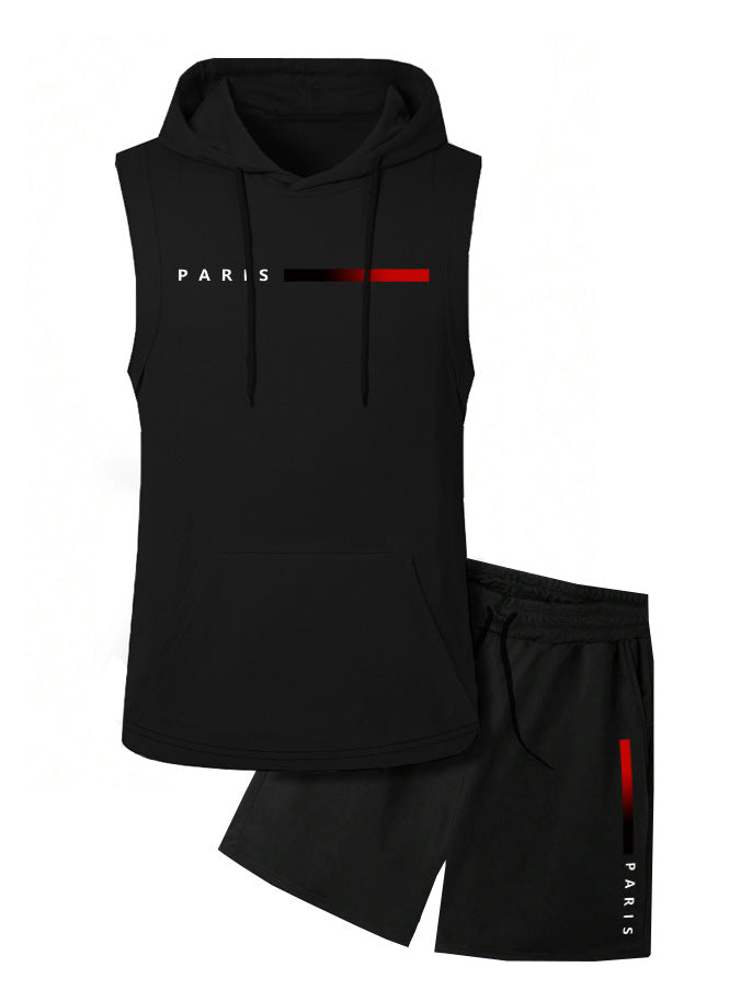 KZZ Two-Piece Set Men's Letter Print Hooded Vest & Drawstring Waist Shorts Set