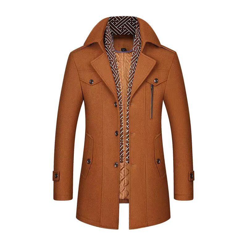KZZ Men's Trench Coat with Detachable Soft Scarf Notched Collar Single Breasted Pea Coat Overcoat