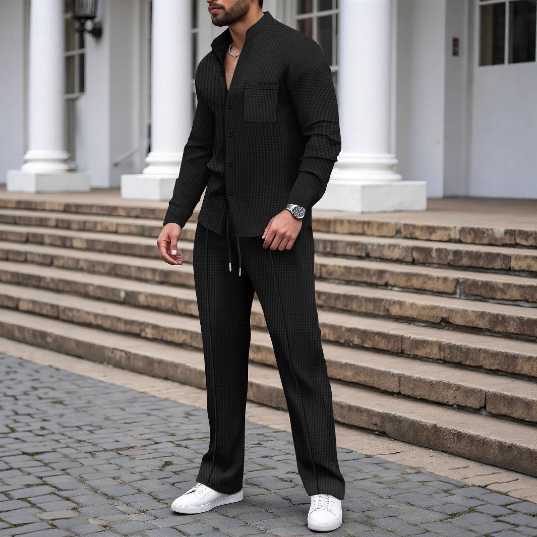 KZZ Men's Set, Stand Collar Pocket Long Sleeve Waffle Knit Top Jacket