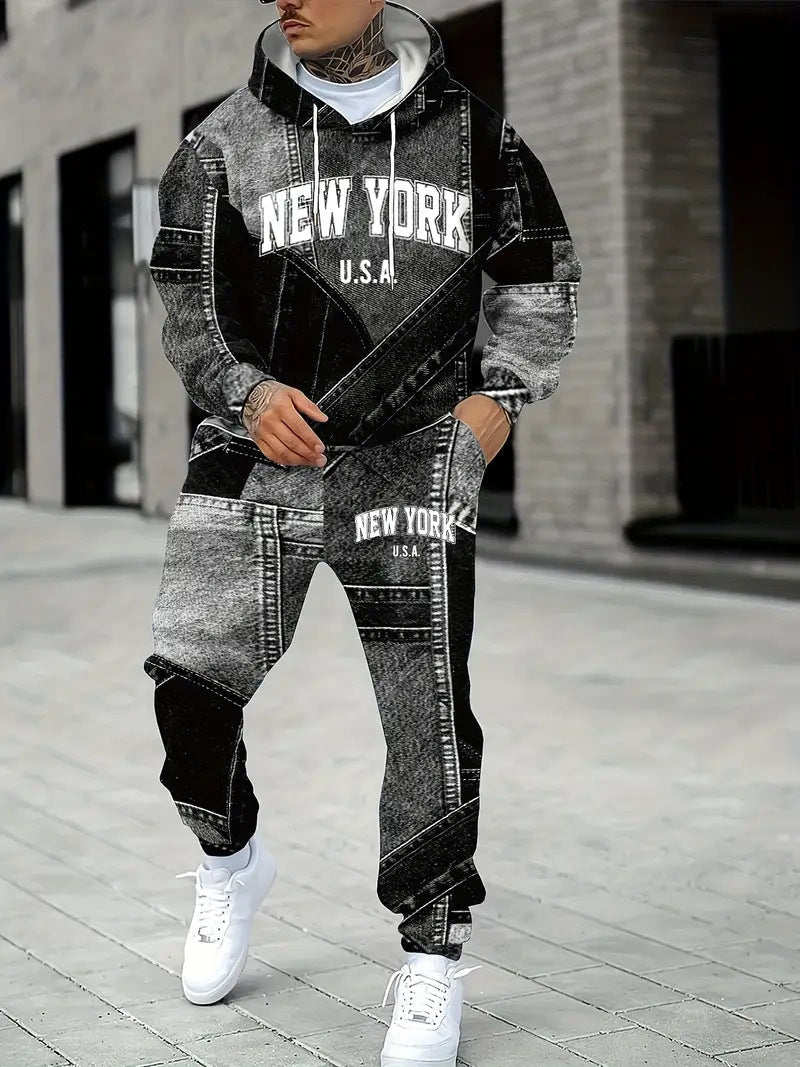 KZZ Men's Fall Winter Hooded Sweatshirt & Pants Set