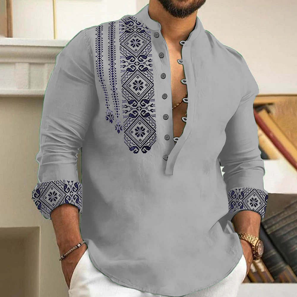 KZZ Men's Ethnic Pattern Casual Printed Half Button Shirt