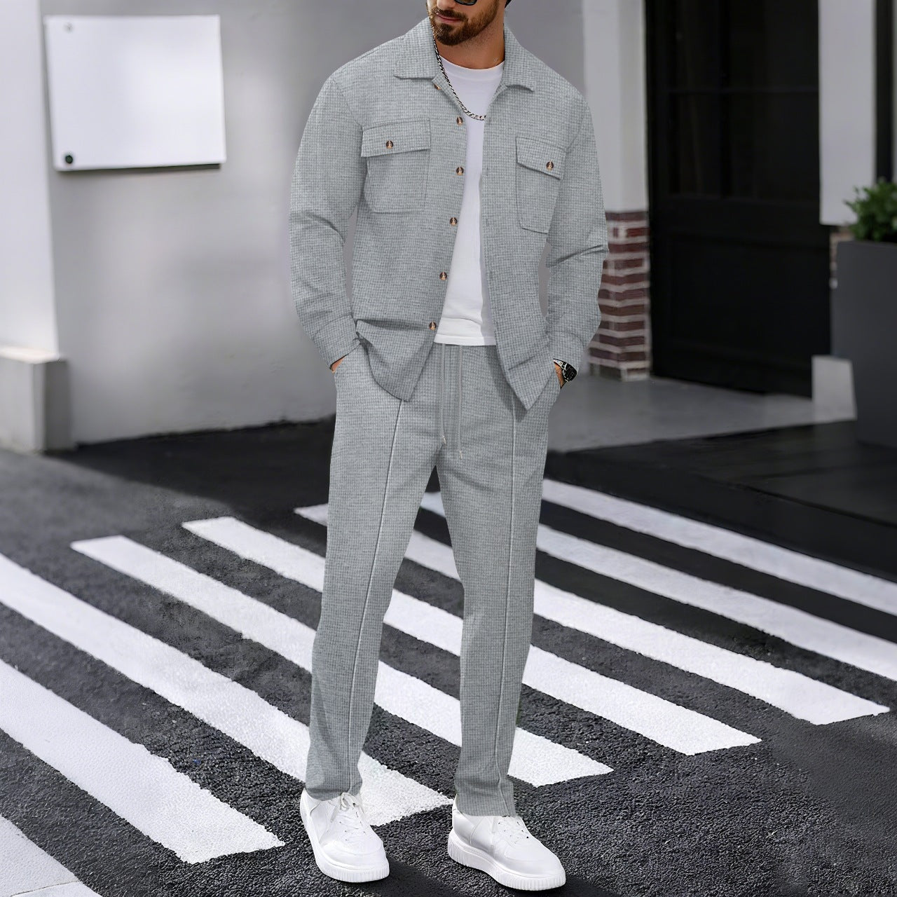 KZZ Men's Long Sleeve Shirt & Drawstring Pants Set
