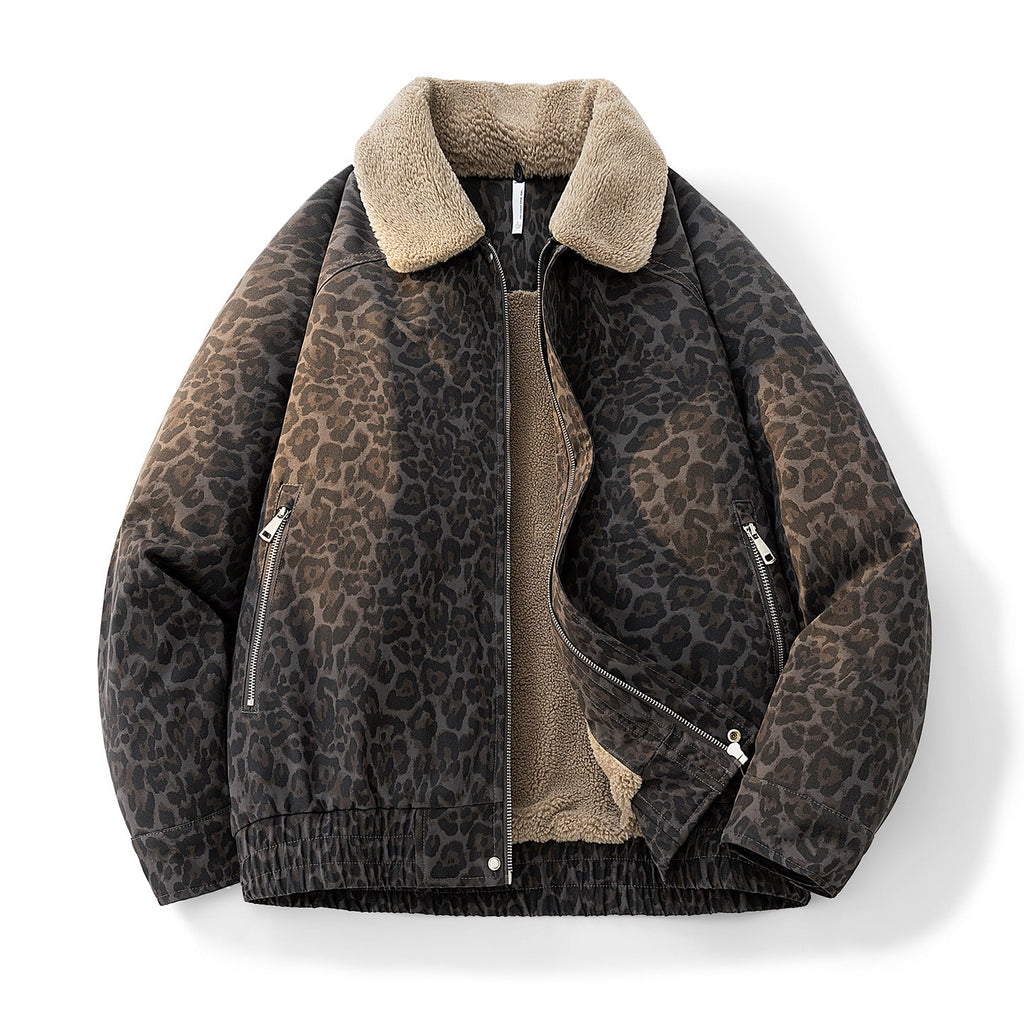 KZZ Vintage Leopard Print Lapel Fleece Lined Warm Jacket