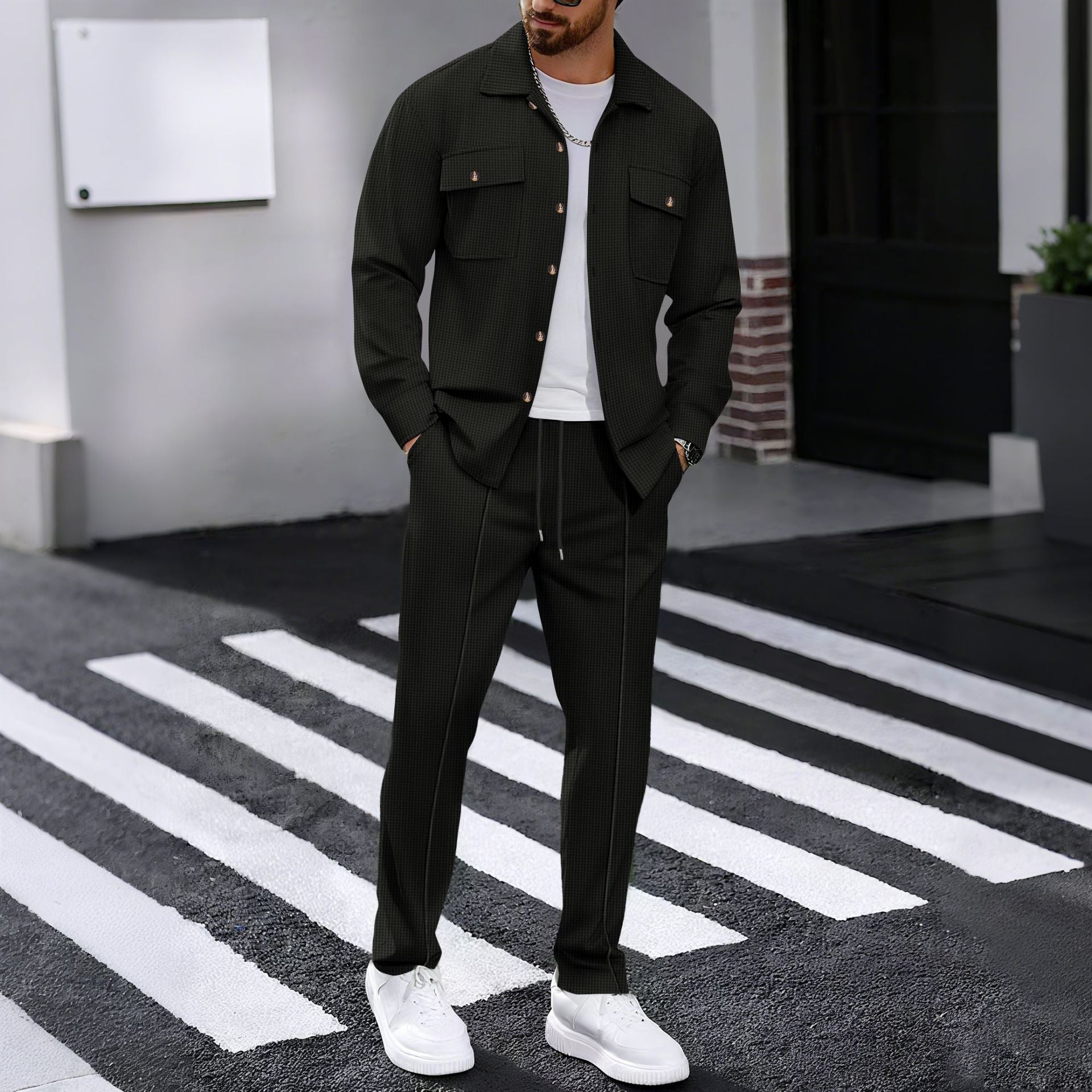 KZZ Men's Long Sleeve Shirt & Drawstring Pants Set